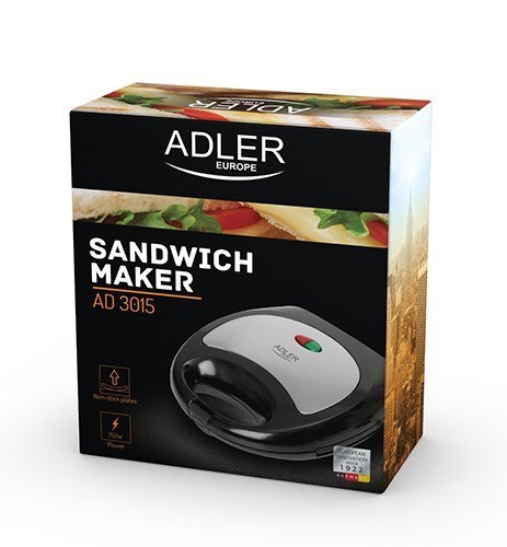 Opiekacz do kanapek Adler AD 3015 (750W; kolor czarny) Adler Opiekacz do kanapek Adler AD 3015 (750W; kolor czarny) Adler