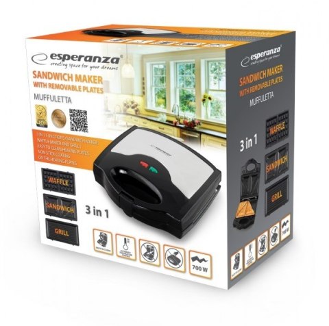 Opiekacz do kanapek Esperanza Muffuletta EKT005 (700W; kolor czarny, kolor inox) Esperanza Opiekacz do kanapek Esperanza Muffuletta EKT005 (700W; kolor czarny, kolor inox) Esperanza