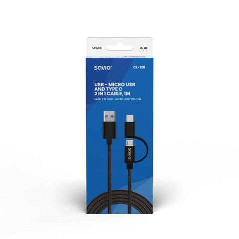 Kabel SAVIO CL-128 (Micro USB typu B, USB typu C - USB 2.0 typu A ; 1m; kolor czarny) SAVIO Kabel SAVIO CL-128 (Micro USB typu B, USB typu C - USB 2.0 typu A ; 1m; kolor czarny) SAVIO
