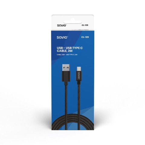 Kabel SAVIO CL-129 (USB typu C - USB 2.0 typu A ; 2m; kolor czarny) SAVIO Kabel SAVIO CL-129 (USB typu C - USB 2.0 typu A ; 2m; kolor czarny) SAVIO