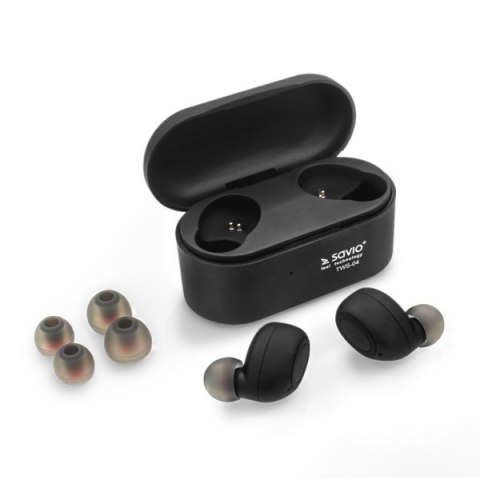 Słuchawki SAVIO TWS-04 (bluetooth; bezprzewodowe, Bluetooth; z wbudowanym mikrofonem; kolor czarny SAVIO Słuchawki SAVIO TWS-04 (bluetooth; bezprzewodowe, Bluetooth; z wbudowanym mikrofonem; kolor czarny SAVIO