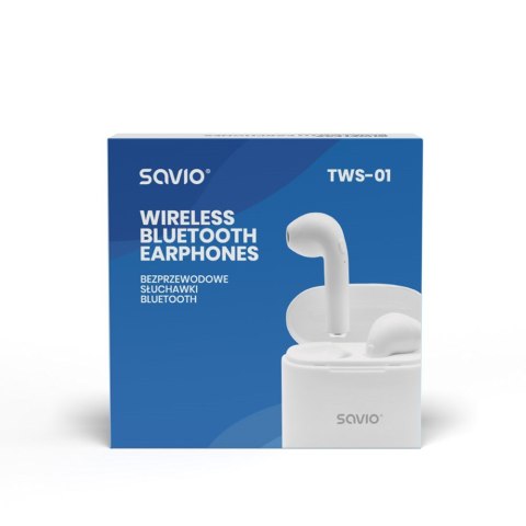 Słuchawki bezprzewodowe SAVIO TWS-01 (douszne; bezprzewodowe, Bluetooth; z wbudowanym mikrofonem; kolor biały SAVIO Słuchawki bezprzewodowe SAVIO TWS-01 (douszne; bezprzewodowe, Bluetooth; z wbudowanym mikrofonem; kolor biały SAVIO