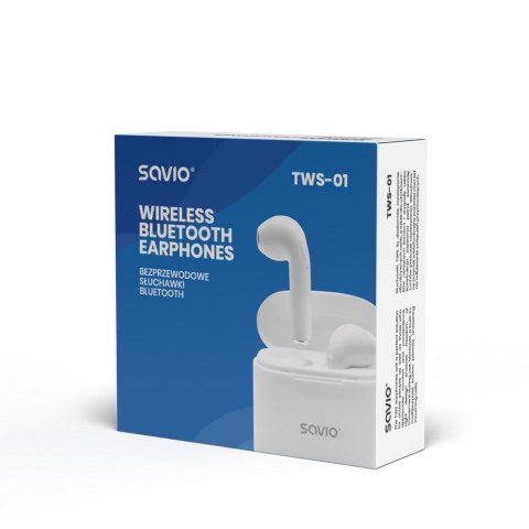 Słuchawki bezprzewodowe SAVIO TWS-01 (douszne; bezprzewodowe, Bluetooth; z wbudowanym mikrofonem; kolor biały SAVIO Słuchawki bezprzewodowe SAVIO TWS-01 (douszne; bezprzewodowe, Bluetooth; z wbudowanym mikrofonem; kolor biały SAVIO