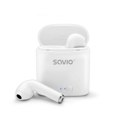 Słuchawki bezprzewodowe SAVIO TWS-01 (douszne; bezprzewodowe, Bluetooth; z wbudowanym mikrofonem; kolor biały SAVIO Słuchawki bezprzewodowe SAVIO TWS-01 (douszne; bezprzewodowe, Bluetooth; z wbudowanym mikrofonem; kolor biały SAVIO