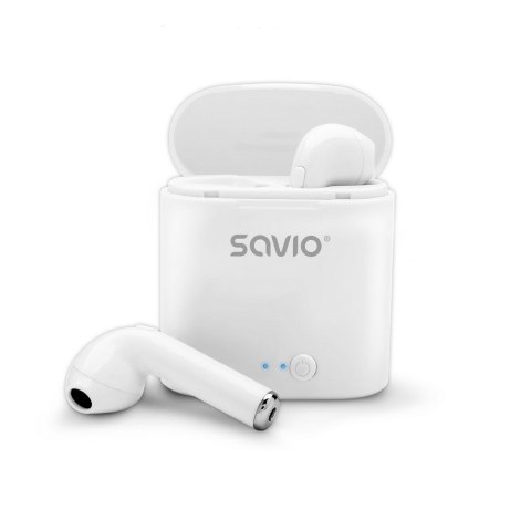 Słuchawki bezprzewodowe SAVIO TWS-01 (douszne; bezprzewodowe, Bluetooth; z wbudowanym mikrofonem; kolor biały SAVIO Słuchawki bezprzewodowe SAVIO TWS-01 (douszne; bezprzewodowe, Bluetooth; z wbudowanym mikrofonem; kolor biały SAVIO