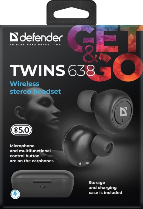 DEFENDER SŁUCHAWKI BEZPRZEWODOWE Z MIKROFONEM "TWS" TWINS 638 CZARNE 63638 Defender DEFENDER SŁUCHAWKI BEZPRZEWODOWE Z MIKROFONEM "TWS" TWINS 638 CZARNE 63638 Defender