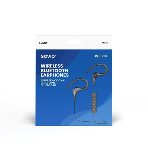 Słuchawki bezprzewodowe, z mikrofonem, ze słuchawkami SAVIO WE-03 (dokanałowe, sportowe; bezprzewodowe, Bluetooth; z wbudowanym SAVIO Słuchawki bezprzewodowe, z mikrofonem, ze słuchawkami SAVIO WE-03 (dokanałowe, sportowe; bezprzewodowe, Bluetooth; z wbudowanym SAVIO