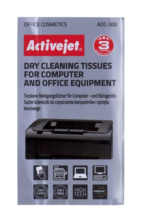 Activejet AOC-300 chusteczki bezpyłowe 24 szt. Uniwersalne, suche ściereczki niepylące, perforowane do czyszczenia komputerów i Activejet Activejet AOC-300 chusteczki bezpyłowe 24 szt. Uniwersalne, suche ściereczki niepylące, perforowane do czyszczenia komputerów i Activejet