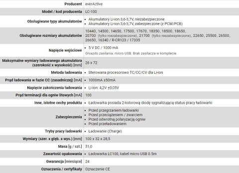 EVERACTIVE ŁADOWARKA DO AKUMULATORÓW CYLINDRYCZNYCH LI-ION LC100 EverActive EVERACTIVE ŁADOWARKA DO AKUMULATORÓW CYLINDRYCZNYCH LI-ION LC100 EverActive