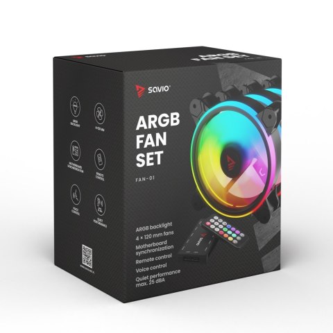 SAVIO ZESTAW 4 WENTYLATORÓW ARGB 120 MM WRAZ Z KONTROLEREM ORAZ PILOTEM FAN-01 SAVIO SAVIO ZESTAW 4 WENTYLATORÓW ARGB 120 MM WRAZ Z KONTROLEREM ORAZ PILOTEM FAN-01 SAVIO