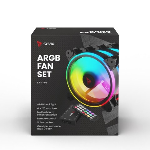 SAVIO ZESTAW 4 WENTYLATORÓW ARGB 120 MM WRAZ Z KONTROLEREM ORAZ PILOTEM FAN-01 SAVIO SAVIO ZESTAW 4 WENTYLATORÓW ARGB 120 MM WRAZ Z KONTROLEREM ORAZ PILOTEM FAN-01 SAVIO