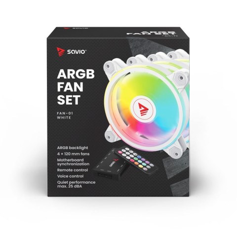 SAVIO ZESTAW 4 WENTYLATORÓW ARGB 120 MM WRAZ Z KONTROLEREM ORAZ PILOTEM FAN-01 WHITE SAVIO SAVIO ZESTAW 4 WENTYLATORÓW ARGB 120 MM WRAZ Z KONTROLEREM ORAZ PILOTEM FAN-01 WHITE SAVIO