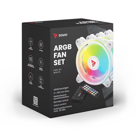 SAVIO ZESTAW 4 WENTYLATORÓW ARGB 120 MM WRAZ Z KONTROLEREM ORAZ PILOTEM FAN-01 WHITE SAVIO SAVIO ZESTAW 4 WENTYLATORÓW ARGB 120 MM WRAZ Z KONTROLEREM ORAZ PILOTEM FAN-01 WHITE SAVIO