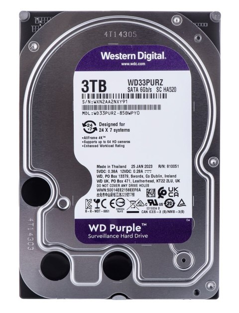 Dysk HDD WD Purple WD33PURZ (3 TB ; 3.5"; 256 MB; 5400 obr/min) WD Dysk HDD WD Purple WD33PURZ (3 TB ; 3.5"; 256 MB; 5400 obr/min) WD