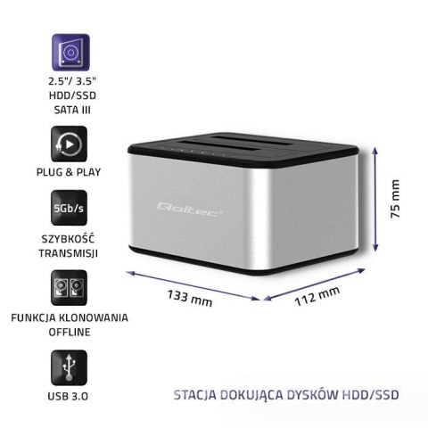 QOLTEC STACJA DOKUJĄCA DYSKÓW 2XHDD/SSD 2.5"/3.5" SATA | USB 3.0 | KLONOWANIE Qoltec QOLTEC STACJA DOKUJĄCA DYSKÓW 2XHDD/SSD 2.5"/3.5" SATA | USB 3.0 | KLONOWANIE Qoltec