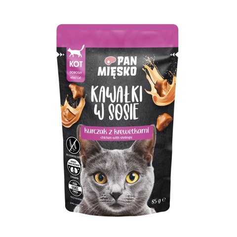 PAN MIĘSKO Kawałki w sosie Kurczak z krewetkami (dorosły) - Karma mokra dla kota - 85g PAN MIĘSKO PAN MIĘSKO Kawałki w sosie Kurczak z krewetkami (dorosły) - Karma mokra dla kota - 85g PAN MIĘSKO