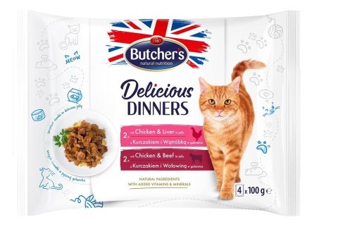 BUTCHER'S Delicious Dinners Kurczak z Wątróbką, Kurczak z Wołowiną - mokra karma dla kota - 4 x 100 g Butcher's BUTCHER'S Delicious Dinners Kurczak z Wątróbką, Kurczak z Wołowiną - mokra karma dla kota - 4 x 100 g Butcher's