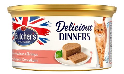 Butcher's Delicious Dinners Cat - mokra karma dla kota z łososiem i krewetkami w formie musu - puszka 85 g Butcher's Butcher's Delicious Dinners Cat - mokra karma dla kota z łososiem i krewetkami w formie musu - puszka 85 g Butcher's
