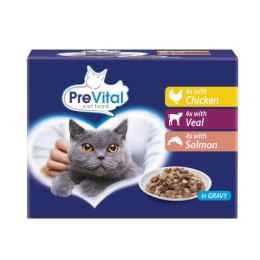PREVITAL- Z kurczakiem, cielęciną i łososiem w sosie - Pełnoporcjowa karma dla kotów 12x100g PREVITAL