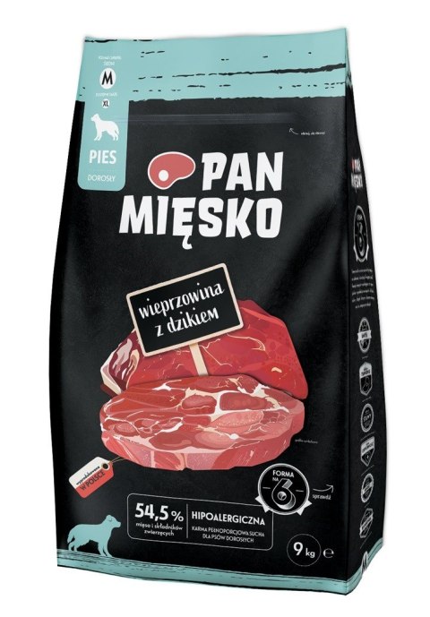 PAN MIĘSKO Wieprzowina z dzikiem (dorosły) chrupki M - Karma sucha dla psa - 9kg PAN MIĘSKO