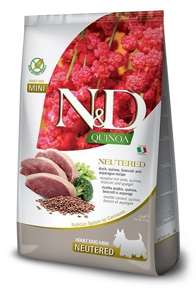 FARMINA N&D Quinoa Dog Duck, Broccoli, Asparagus Neutered Adult Mini - sucha karma dla psa - 2.5 kg Farmina